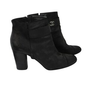 Chanel Black Distressed Leather CC Logo Ankle Boots G27906 Sz 37 Cap Toe Bootie